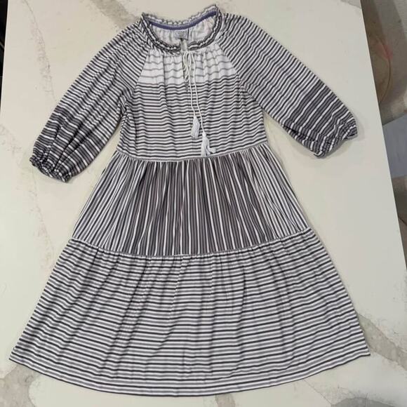 Violet Weekend Gray Purple Stripe Tasseled Neck Tiered Midi Dress Women's Medium - Picture 1 of 8